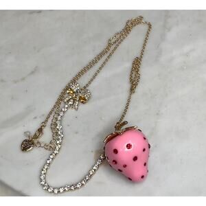 Betsey Johnson Strawberry Statement Necklace Pink Red Crystals Bow Sweet Whimsy